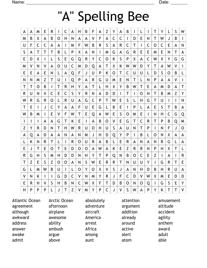 "A" Spelling Bee Word Search
