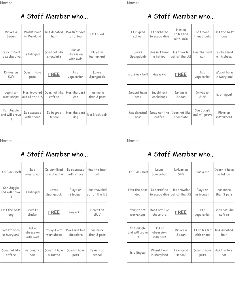 A Staff Member who... Bingo Cards