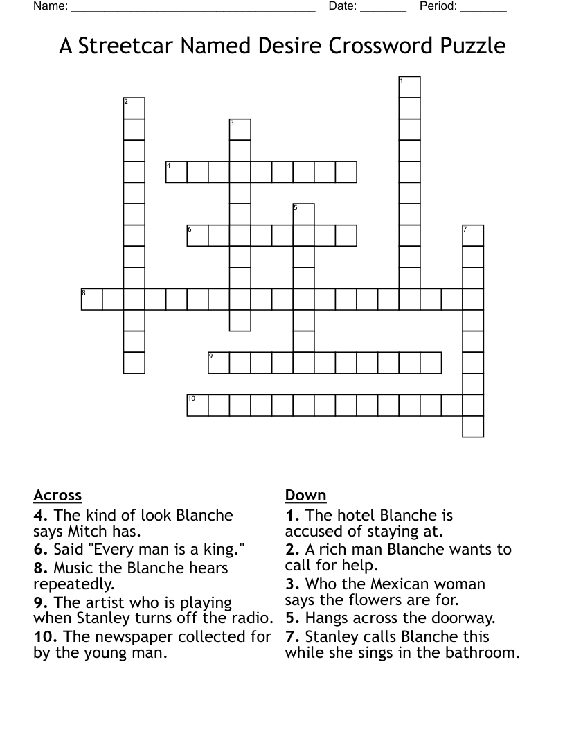 A Streetcar Named Desire Crossword Puzzle