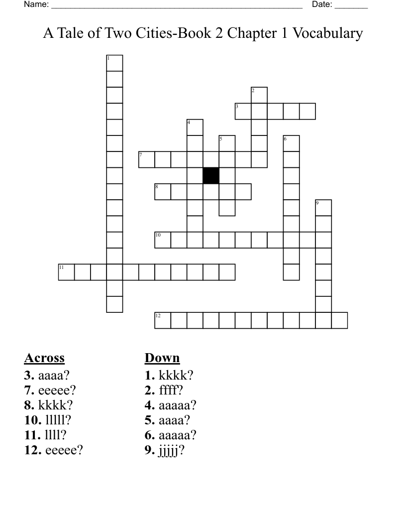 A Tale of Two Cities-Book 2 Chapter 1 Vocabulary Crossword