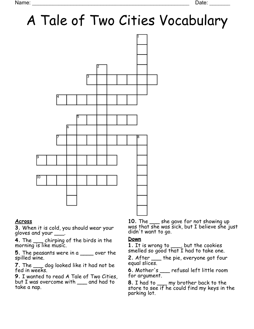 A Tale of Two Cities Vocabulary Crossword