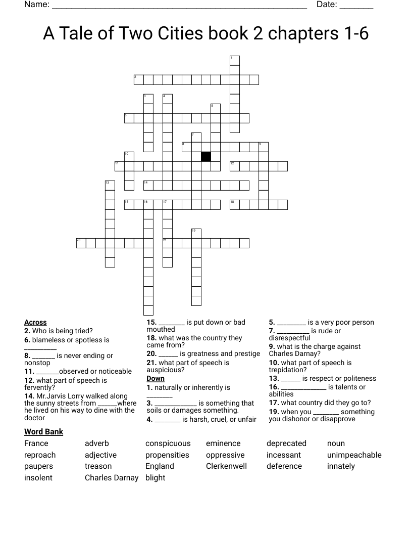 A Tale of Two Cities book 2 chapters 1-6 Crossword