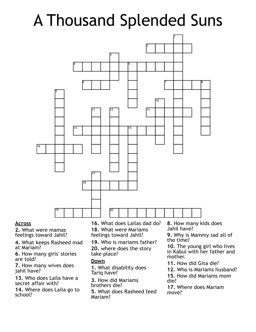 A Thousand Splended Suns Crossword