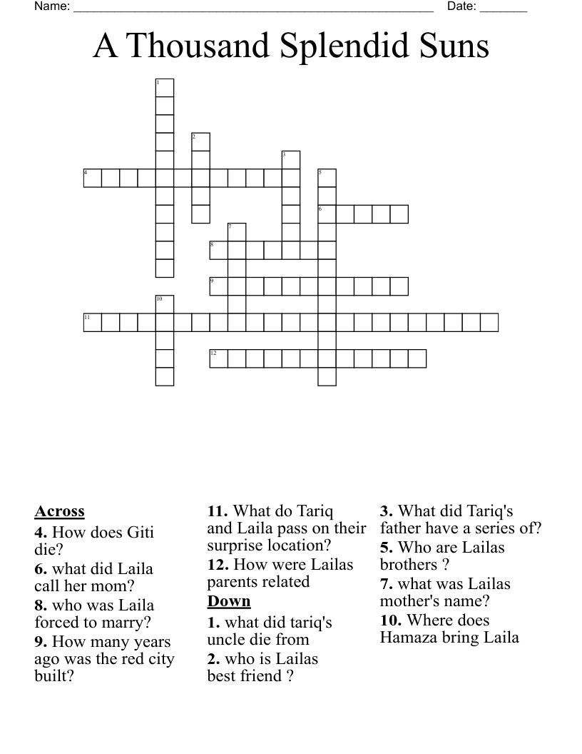 A Thousand Splendid Suns Crossword