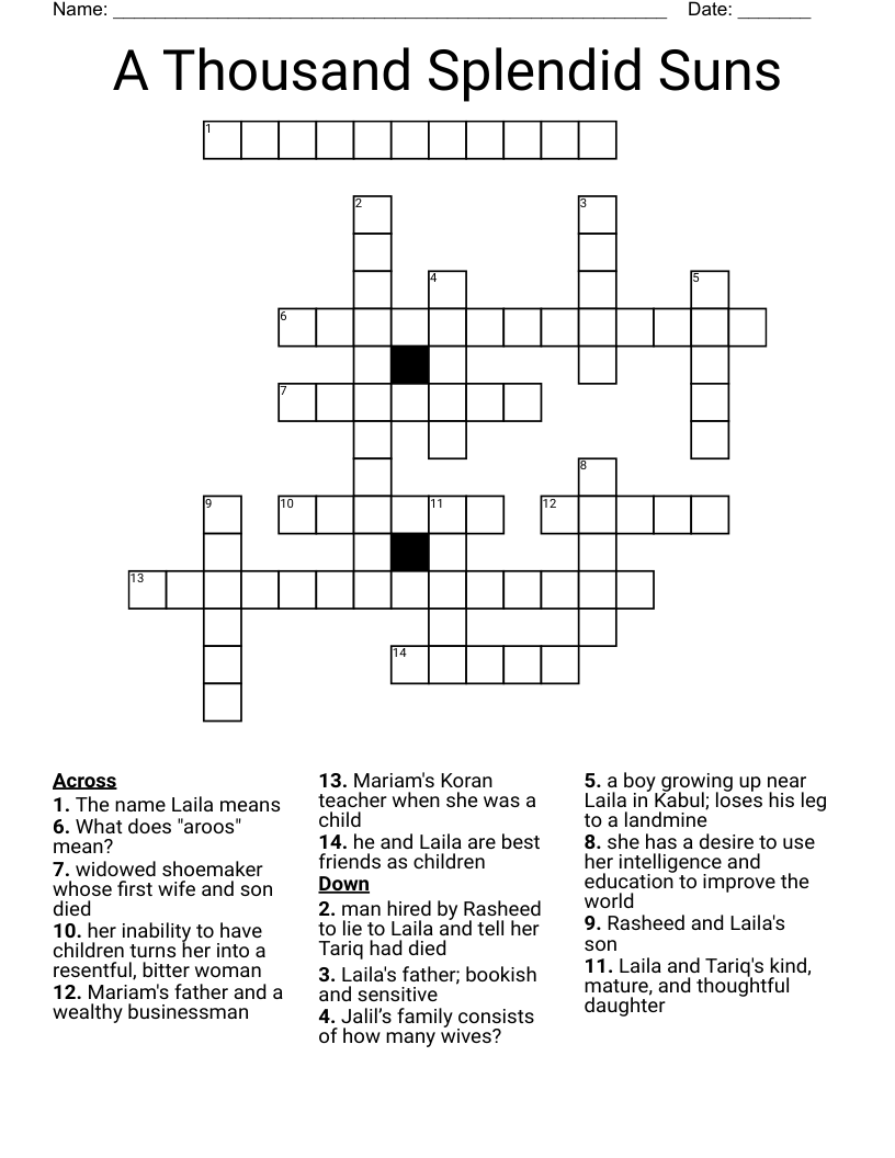 A Thousand Splendid Suns Crossword