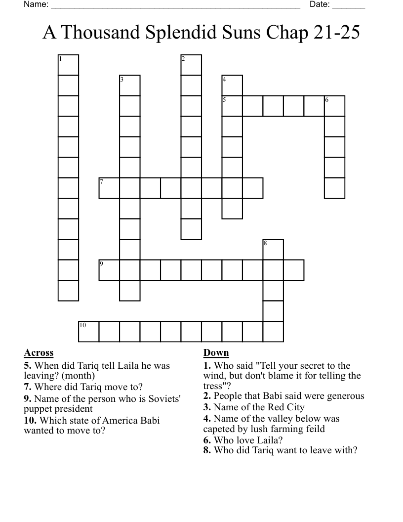 A Thousand Splendid Suns Chap 21-25 Crossword