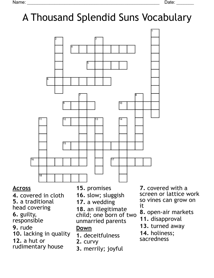 A Thousand Splendid Suns Vocabulary Crossword