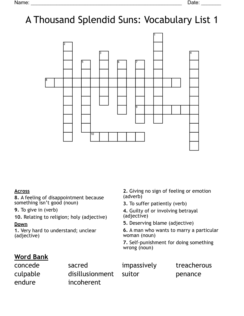 A Thousand Splendid Suns: Vocabulary List 1 Crossword
