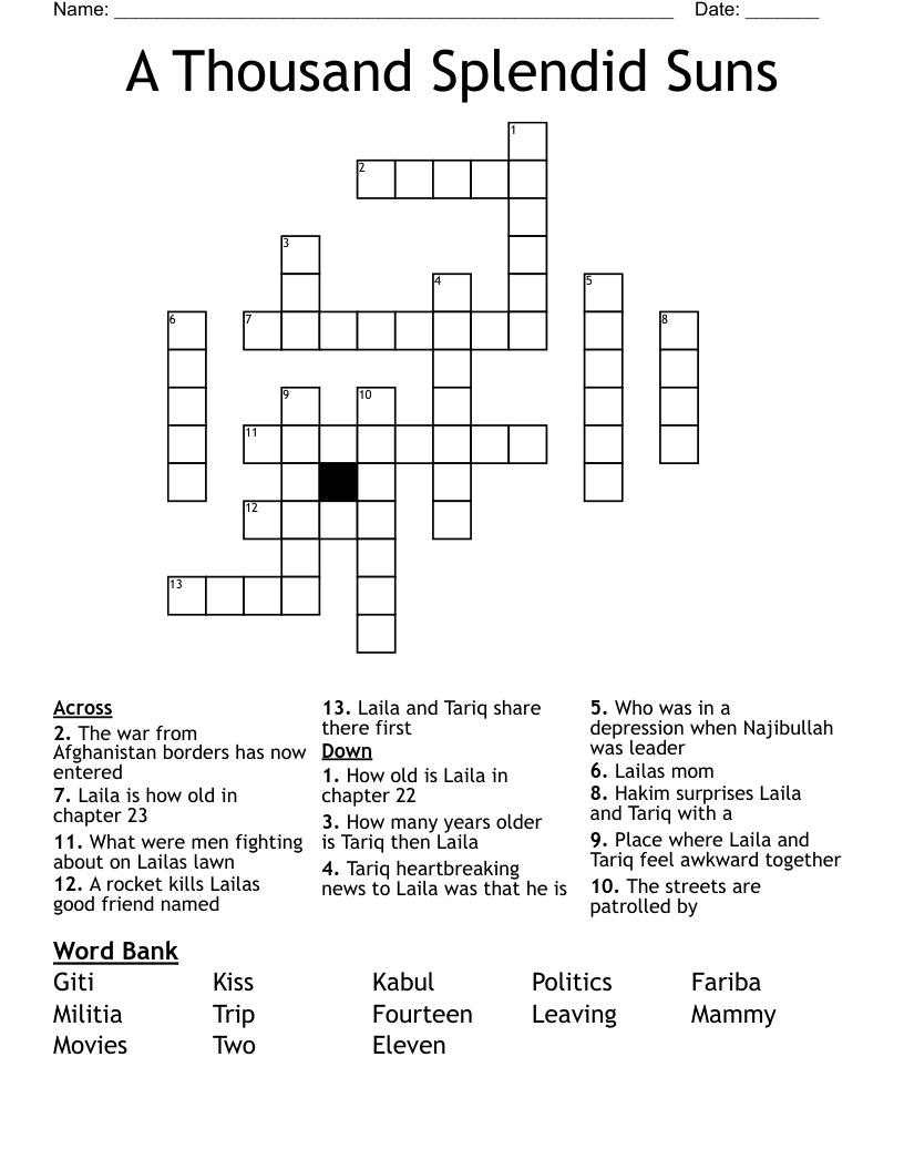 A Thousand Splendid Suns  Crossword