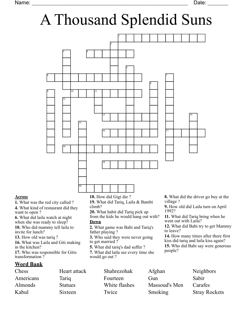 A Thousand Splendid Suns  Crossword