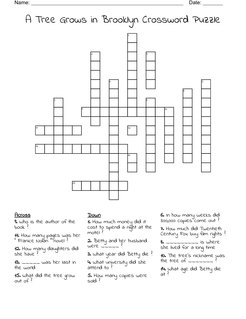 A Tree Grows in Brooklyn Crossword Puzzle
