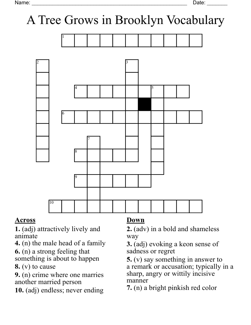 A Tree Grows in Brooklyn Vocabulary Crossword