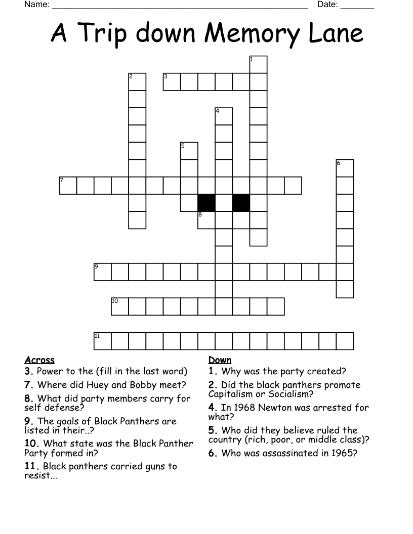 A Trip down Memory Lane Crossword