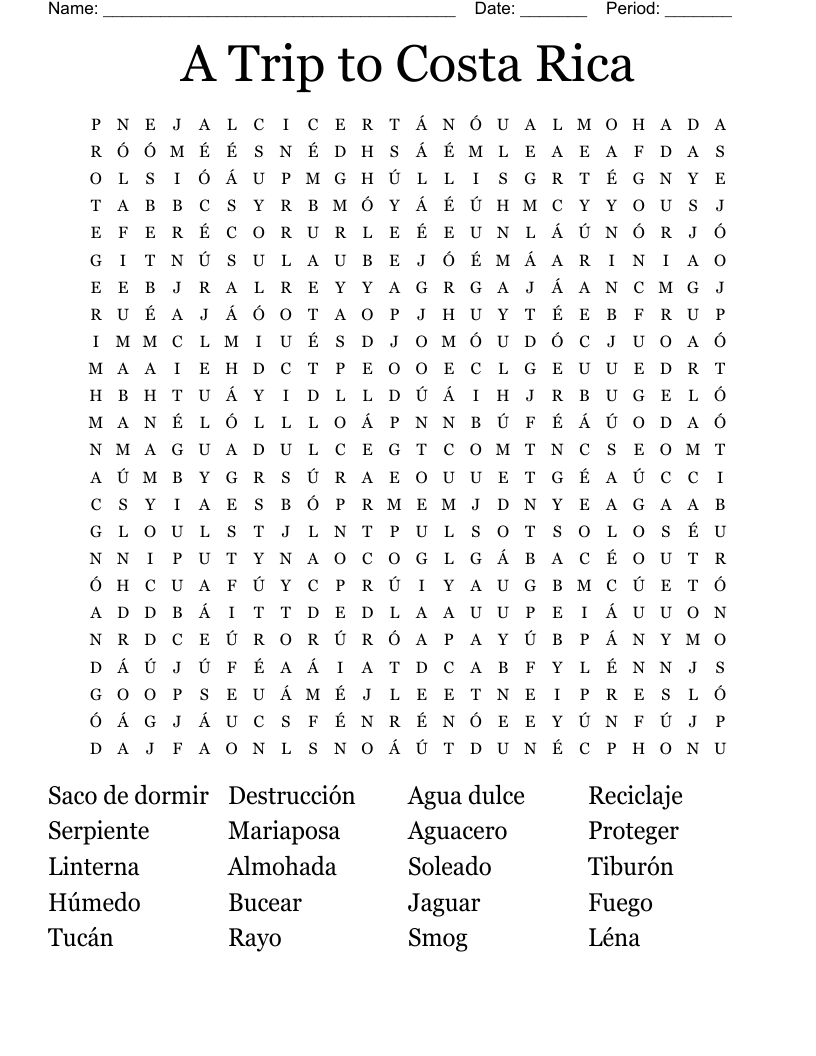 A Trip to Costa Rica Word Search