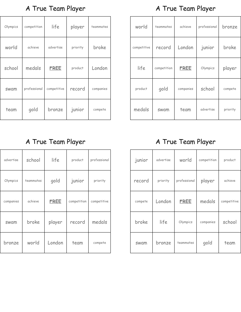 A True Team Player Bingo Cards