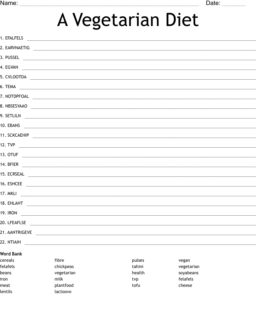 A Vegetarian Diet Word Scramble