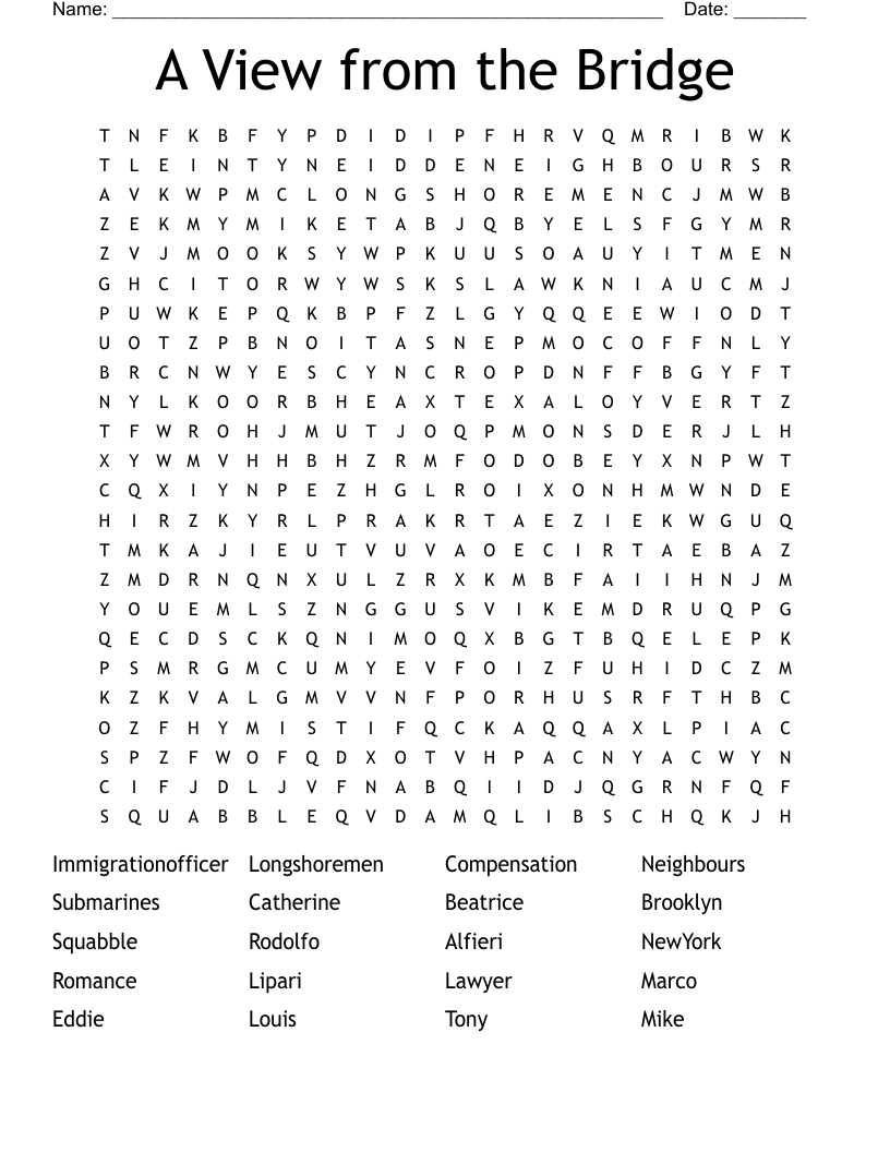 A View from the Bridge Word Search