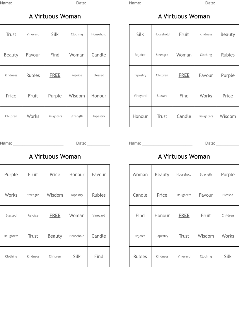 A Virtuous Woman Bingo Cards