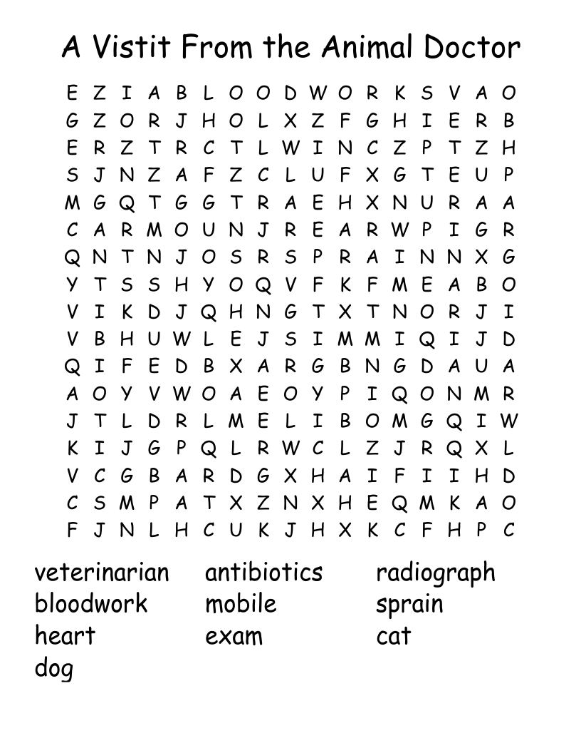 A Vistit From the Animal Doctor Word Search