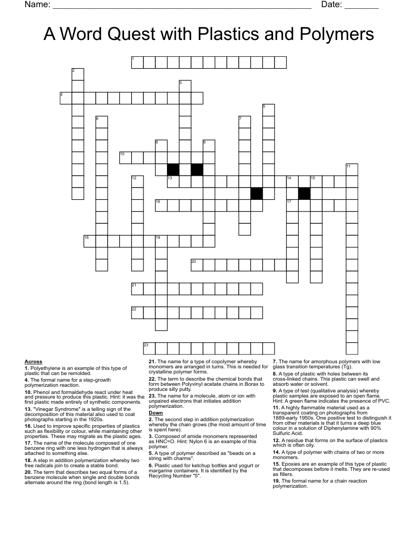 A Word Quest with Plastics and Polymers Crossword