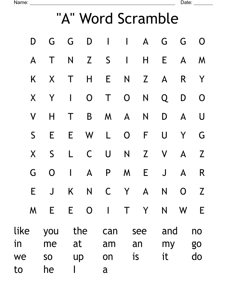 "A" Word Scramble Word Search