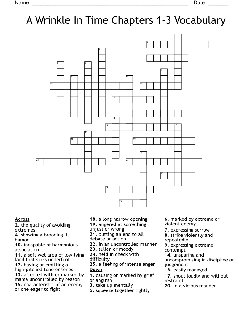 A Wrinkle In Time Chapters 1-3 Vocabulary Crossword