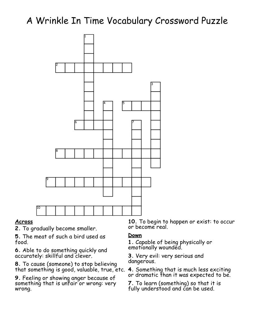 A Wrinkle In Time Vocabulary Crossword Puzzle