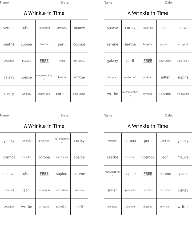A Wrinkle in Time Bingo Cards