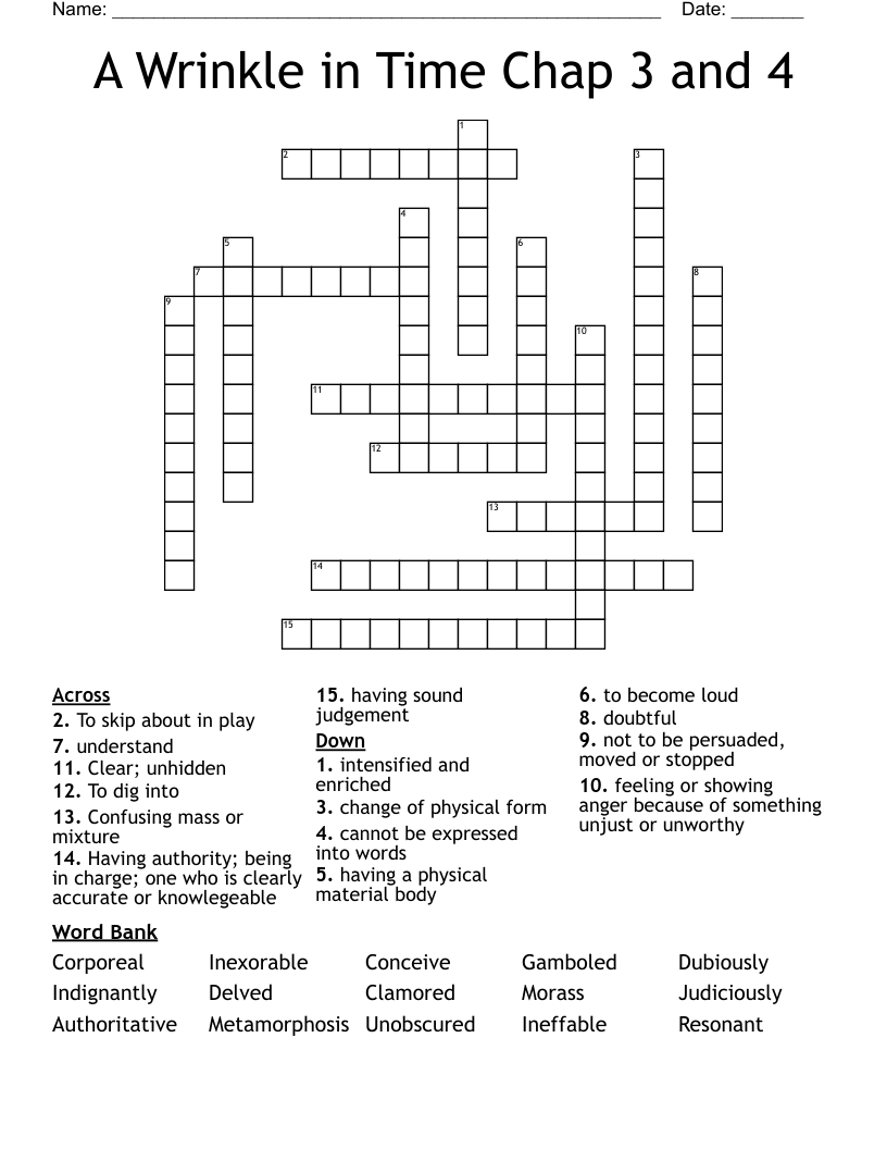 A Wrinkle in Time Chap 3 and 4 Crossword