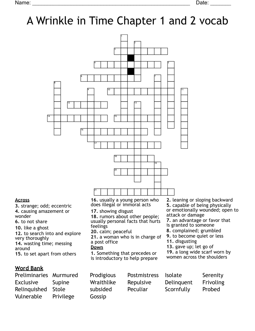 A Wrinkle in Time Chapter 1 and 2 vocab Crossword