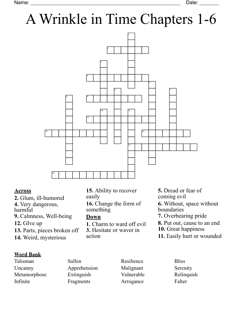 A Wrinkle in Time Chapters 1-6 Crossword