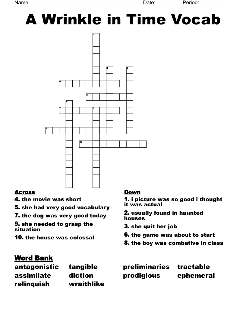A Wrinkle in Time Vocab Crossword