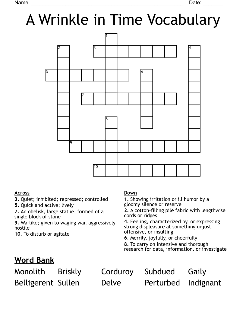 A Wrinkle in Time Vocabulary Crossword
