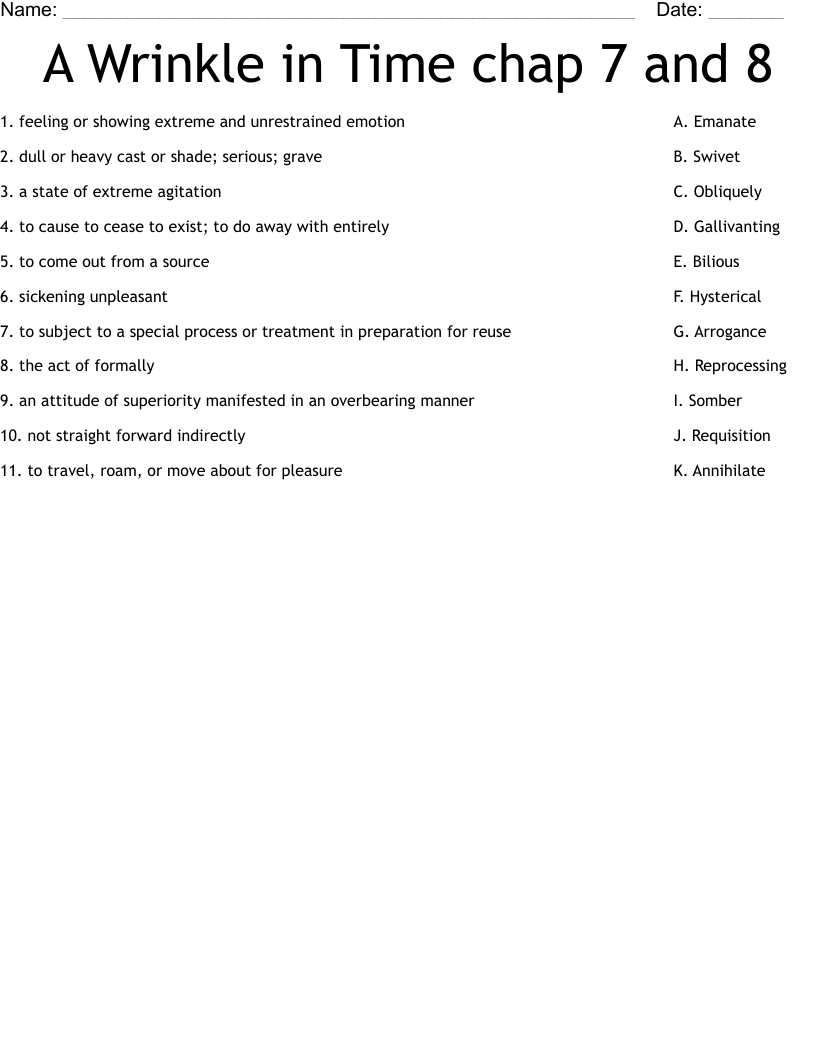 A Wrinkle in Time chap 7 and 8 Worksheet