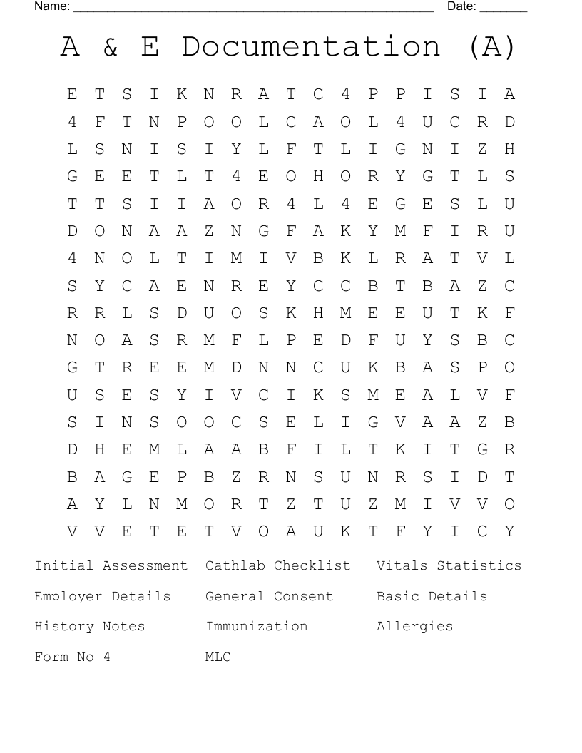 A & E Documentation (A) Word Search