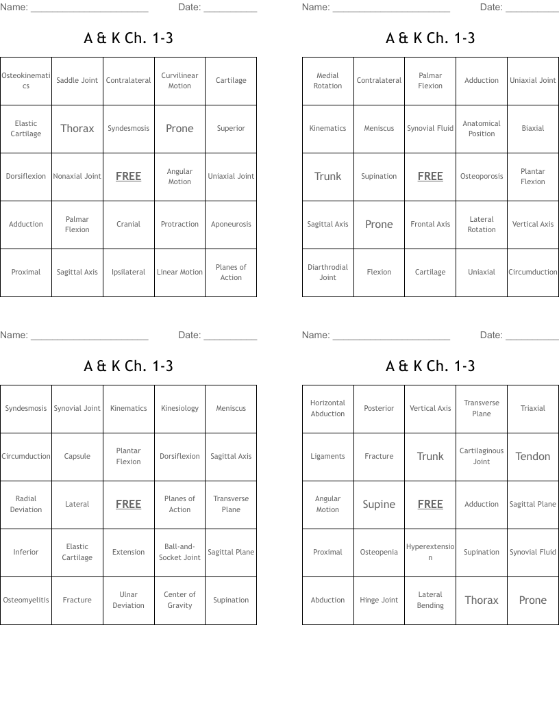 A & K Ch. 1-3 Bingo Cards