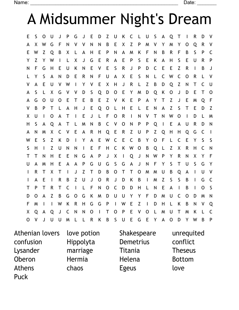 A  Midsummer Night's Dream Word Search