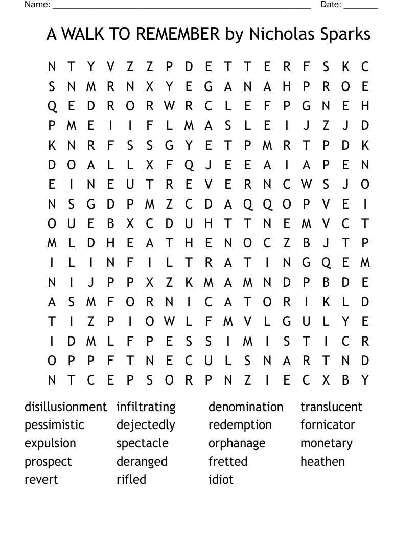 A  WALK TO REMEMBER by Nicholas Sparks Word Search