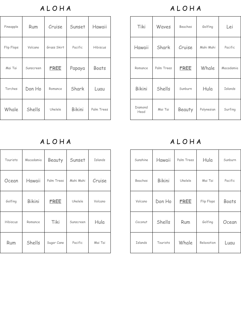 A      L     O     H    A Bingo Cards