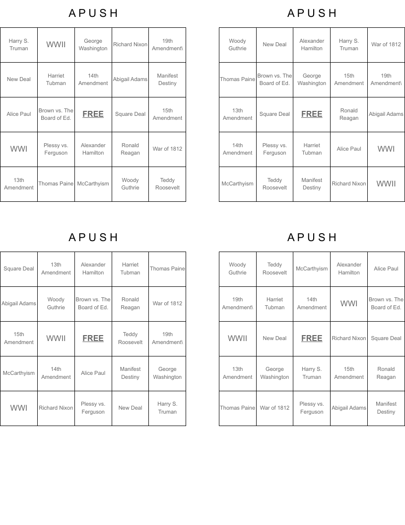 A           P       U     S    H Bingo Cards