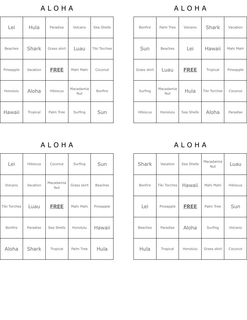 A                   L              O               H             A Bingo Cards