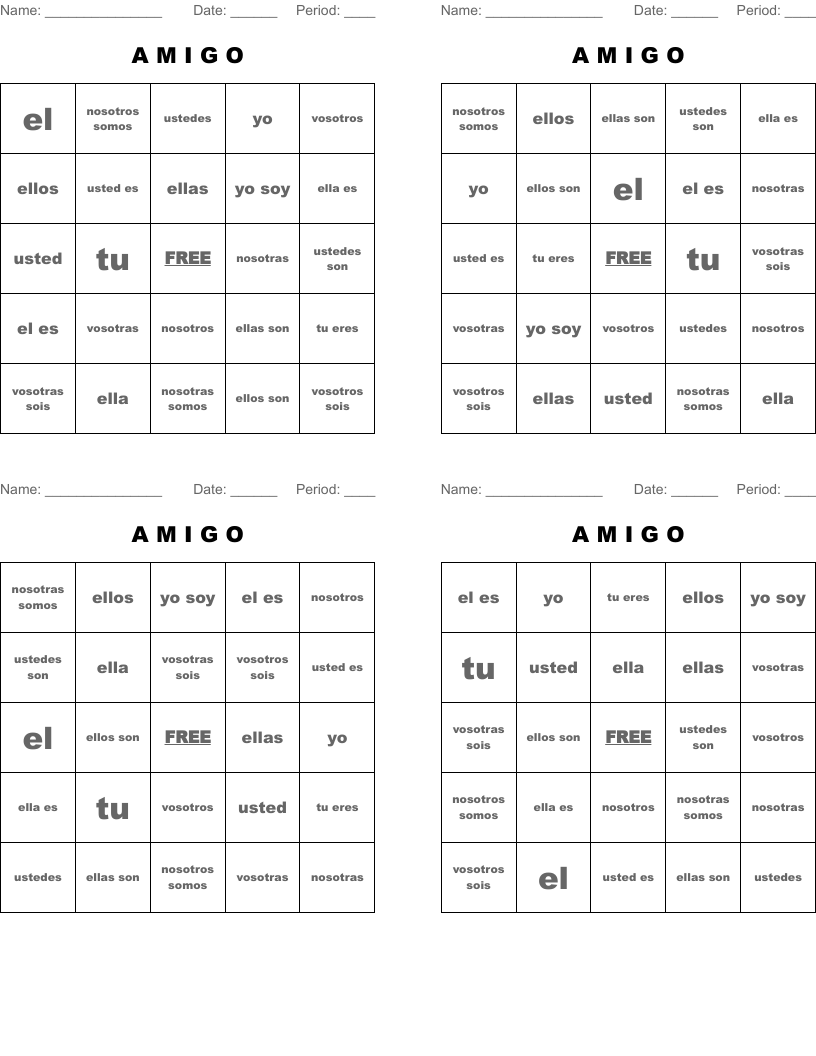 A                           M                           I                            G                            O Bingo Cards