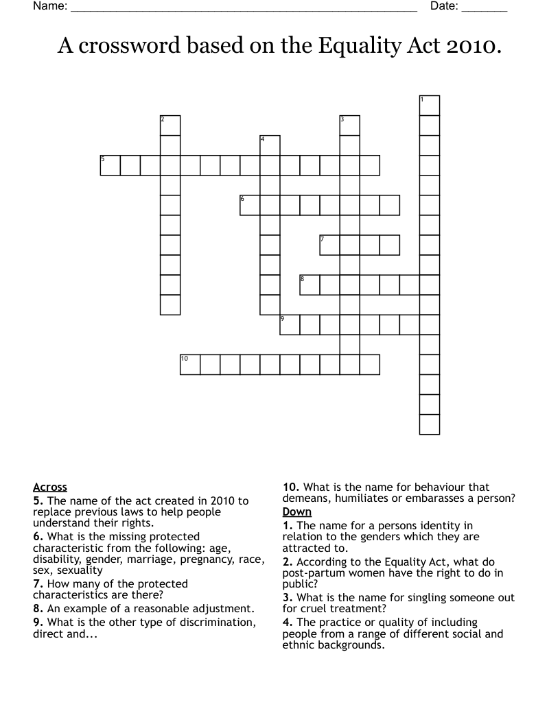 A crossword based on the Equality Act 2010.