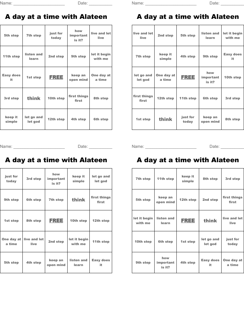 A day at a time with Alateen Bingo Cards