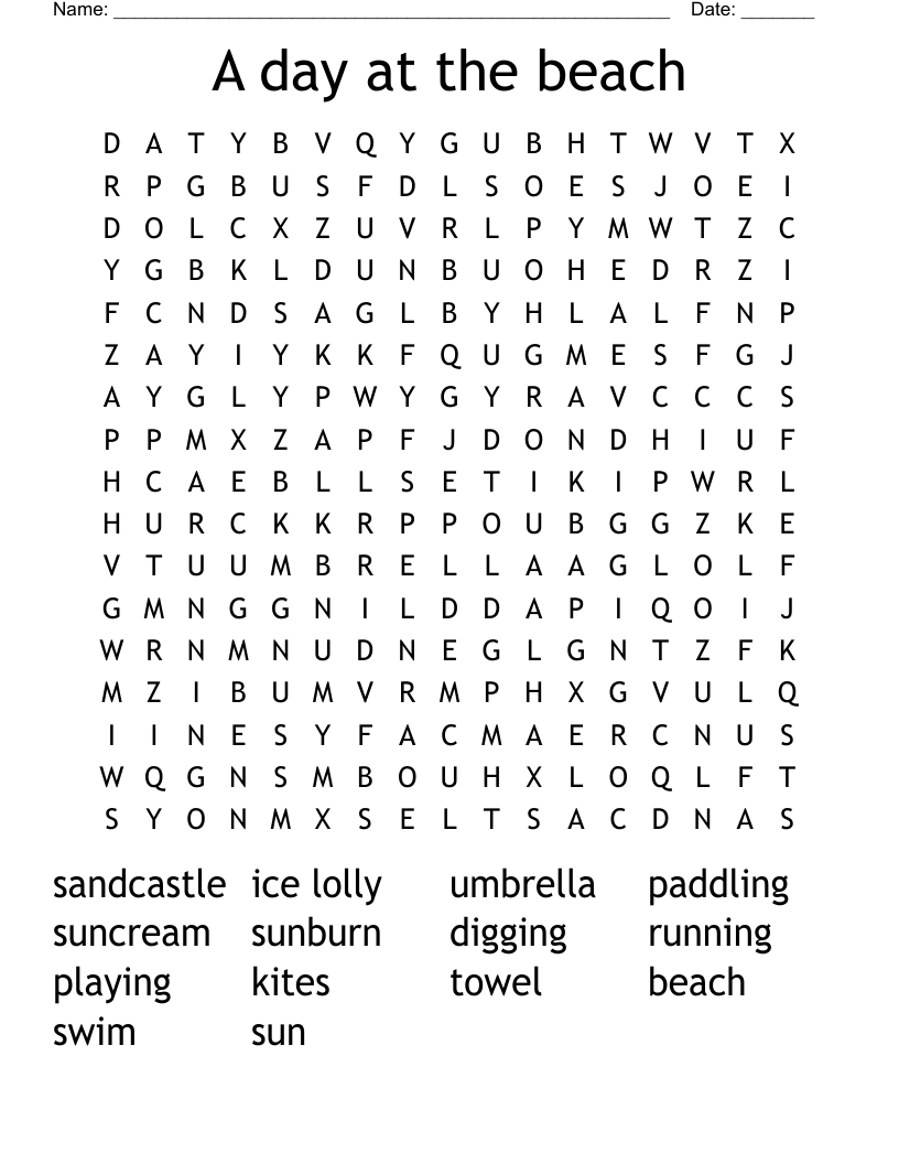 A day at the beach Word Search
