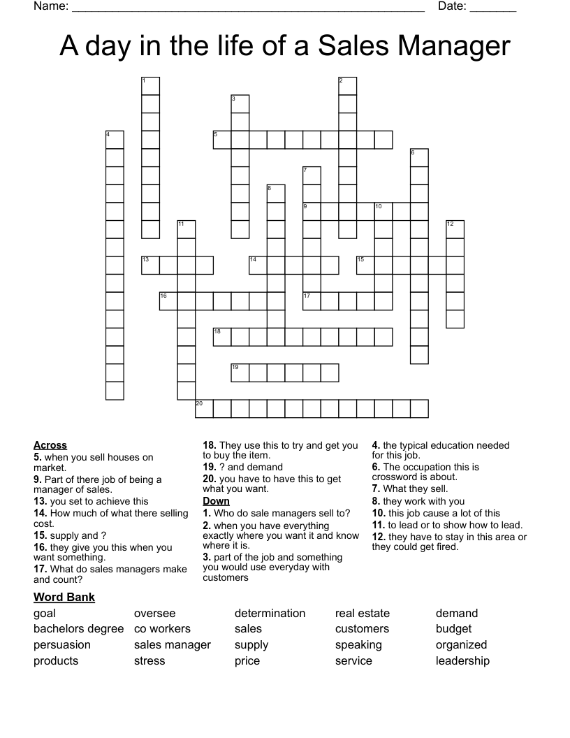 A day in the life of a Sales Manager Crossword