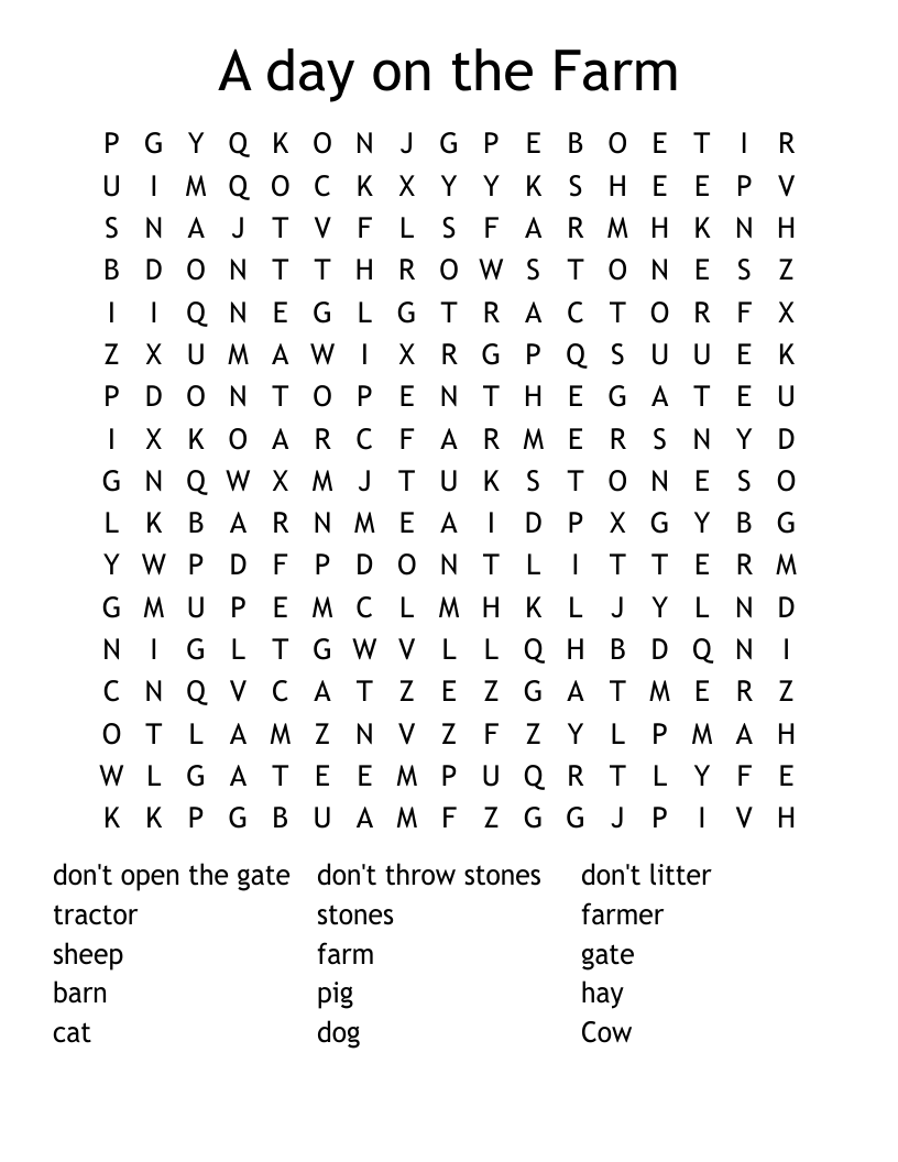 A day on the Farm Word Search