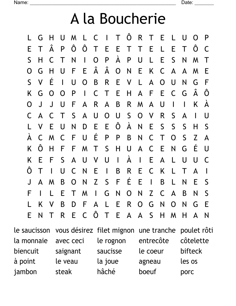 A la Boucherie Word Search