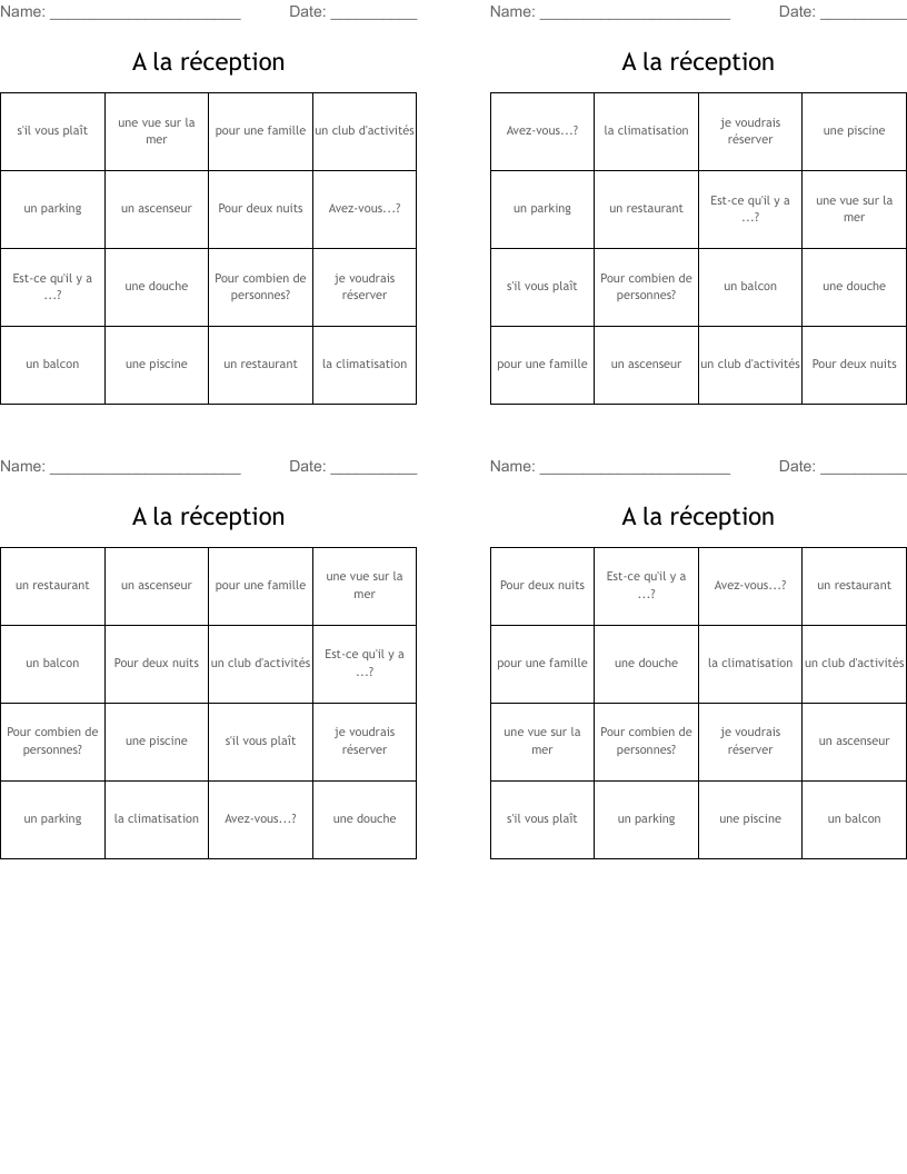 A la réception Bingo Cards