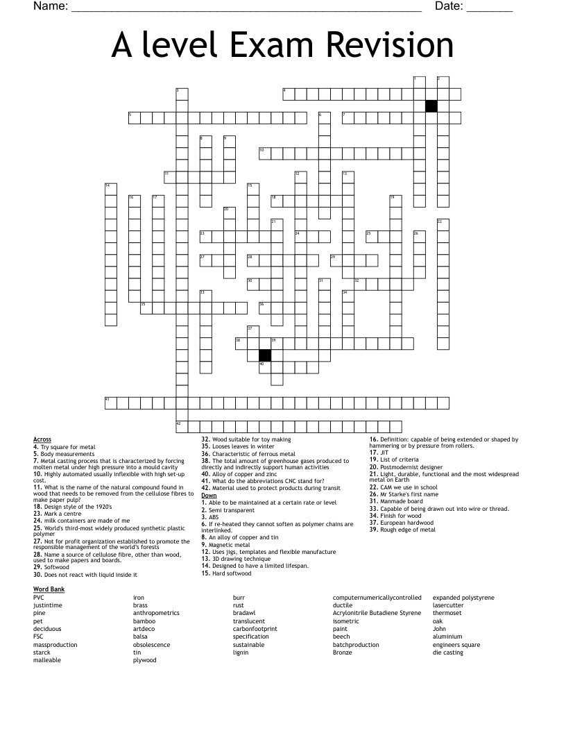 A level Exam Revision Crossword